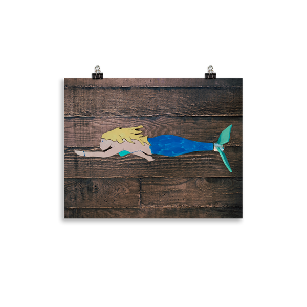 Mermaid Folk Art print on wood background - GRIMMSTER 