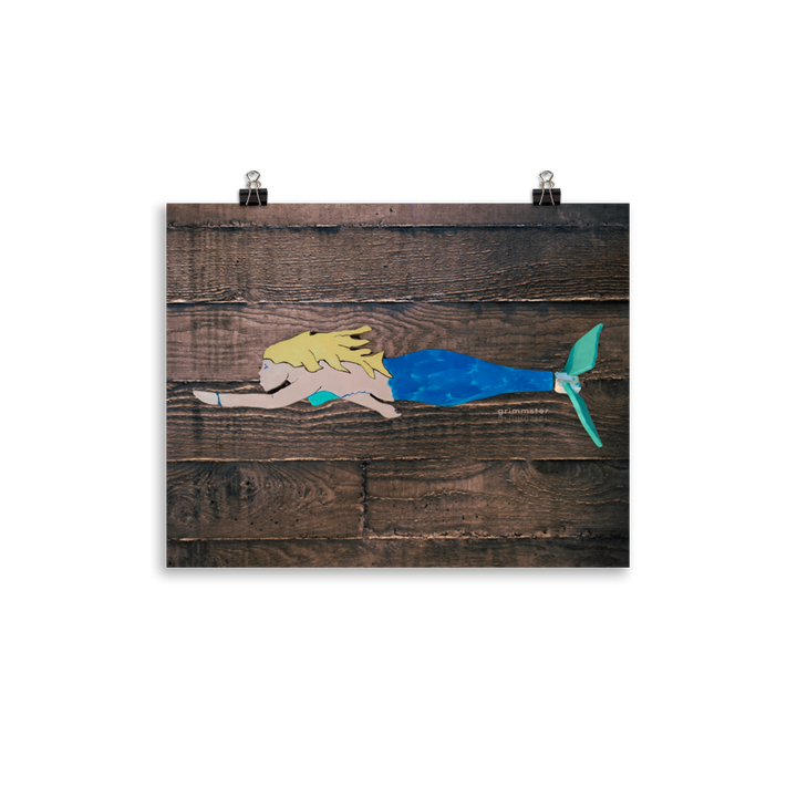 Mermaid Folk Art print on wood background - GRIMMSTER 